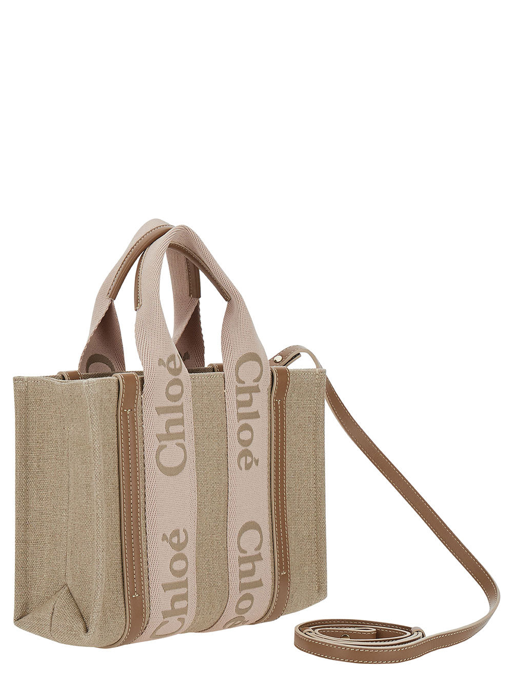 Woody Small Beige Tote bag with Linen Logo Detail Women Crossbody