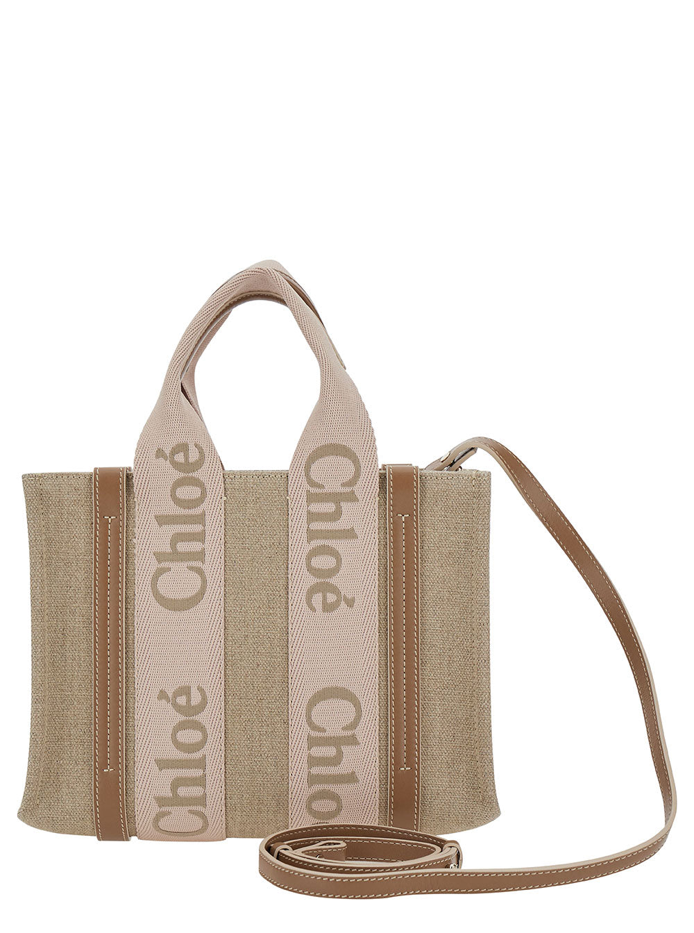 Woody Small Beige Tote bag with Linen Logo Detail Women Crossbody