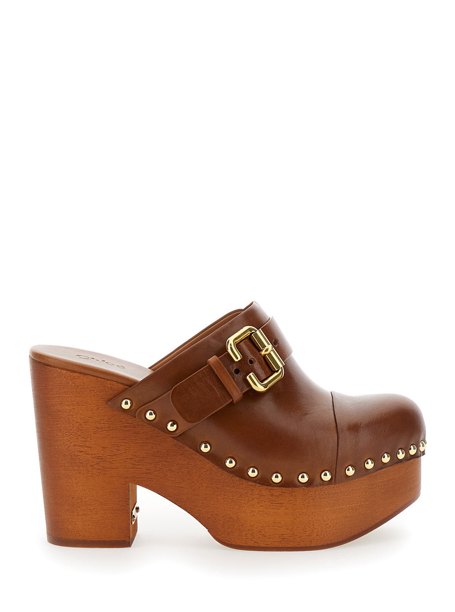 Wedge Clogs Jeanette Brown Leather Calfskin Shoe