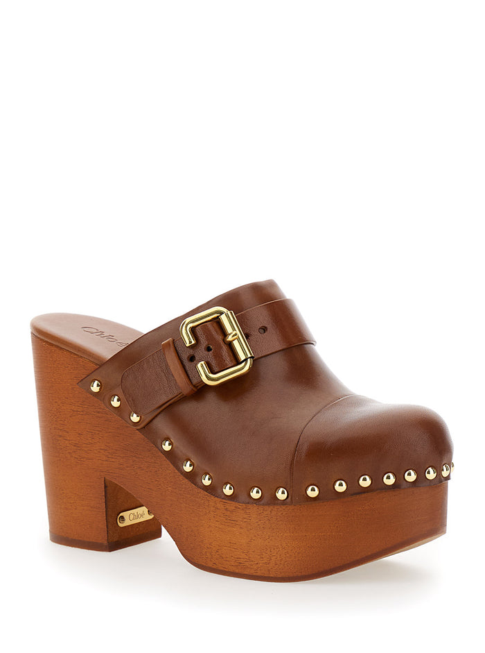 Brown Jeanette Wedge Clogs in Leather and Wood for Women Calf Wedges