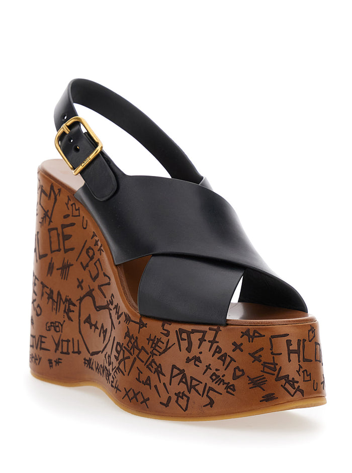 Maxime Wedges with High Engraved Heel and Black Leather Cross-Strap Thong Sandals for Women Calf