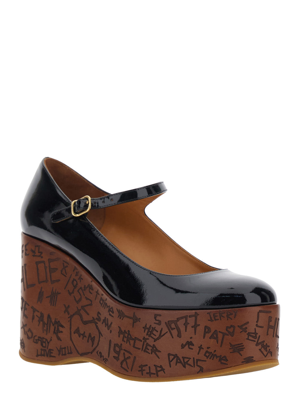 Black Wedges With Mary Jane Strap Leather For Women