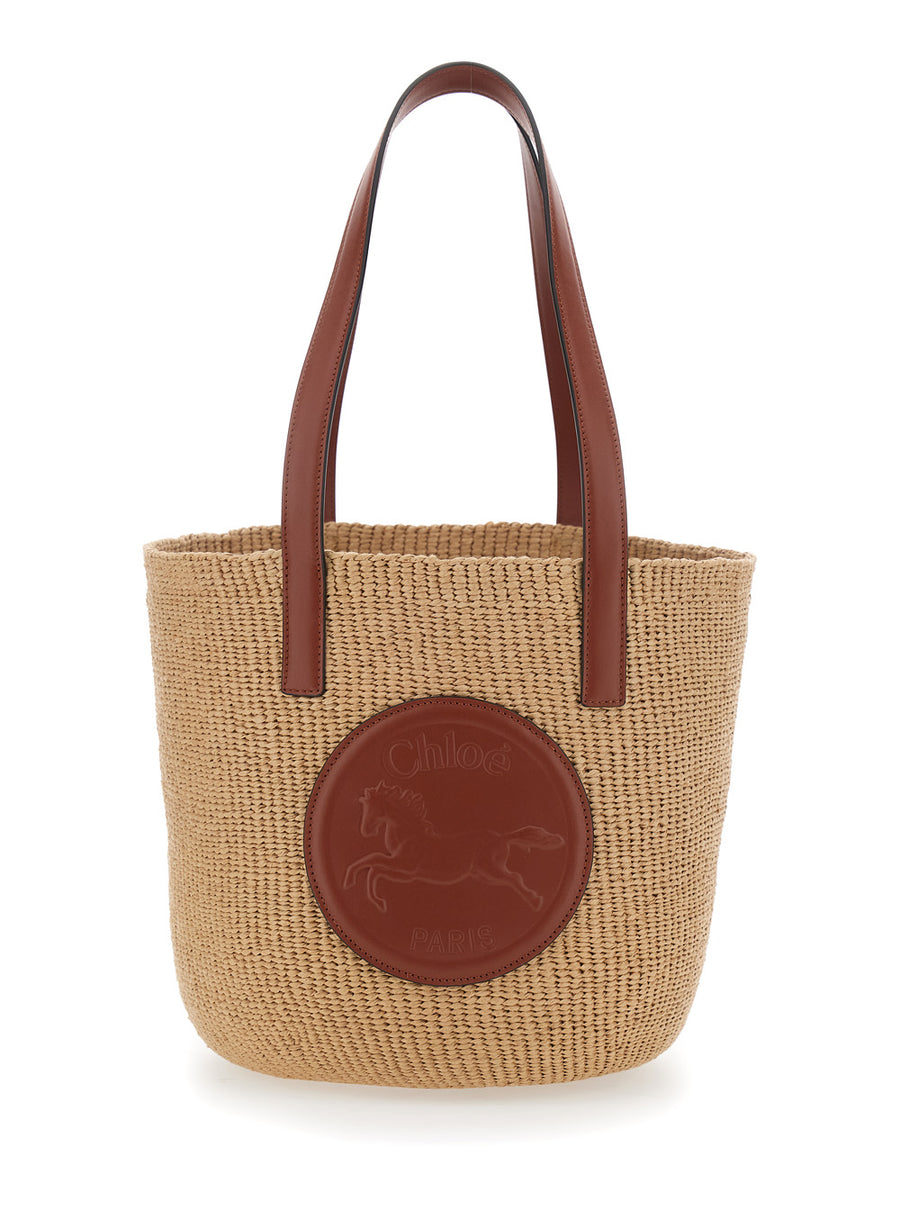 Shopper Bag Horse Medal Beige Straw Textile Paper Tote