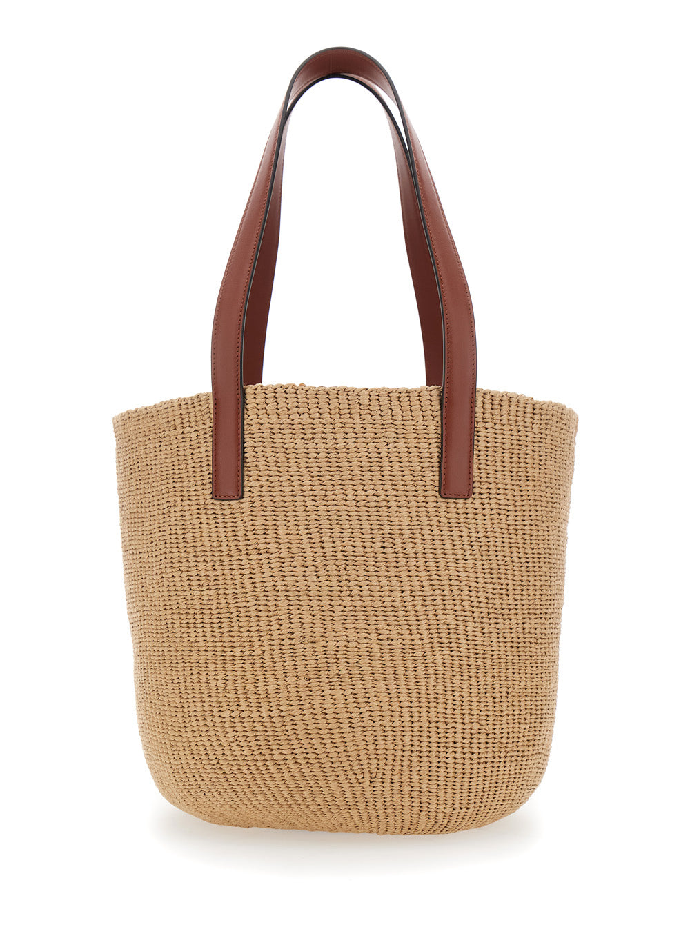 Beige Horse Medal Shopper with Flat Handles and Logo Patch on Front In Straw Fabric Woman Textile Paper Tote Bags