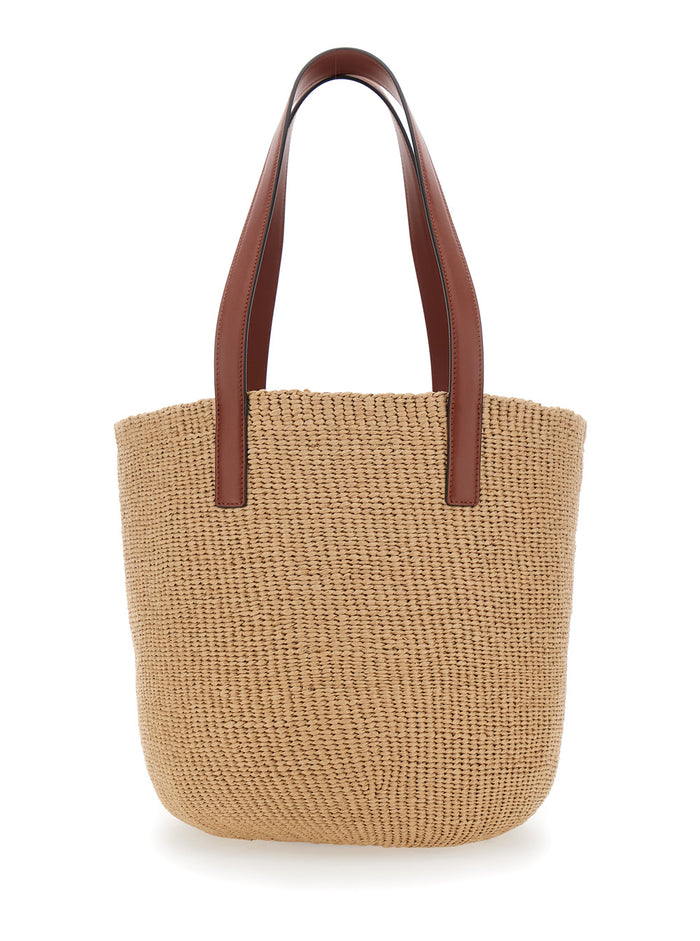 Beige Horse Medal Shopper with Flat Handles and Logo Patch on Front In Straw Fabric Woman Textile Paper Tote Bags