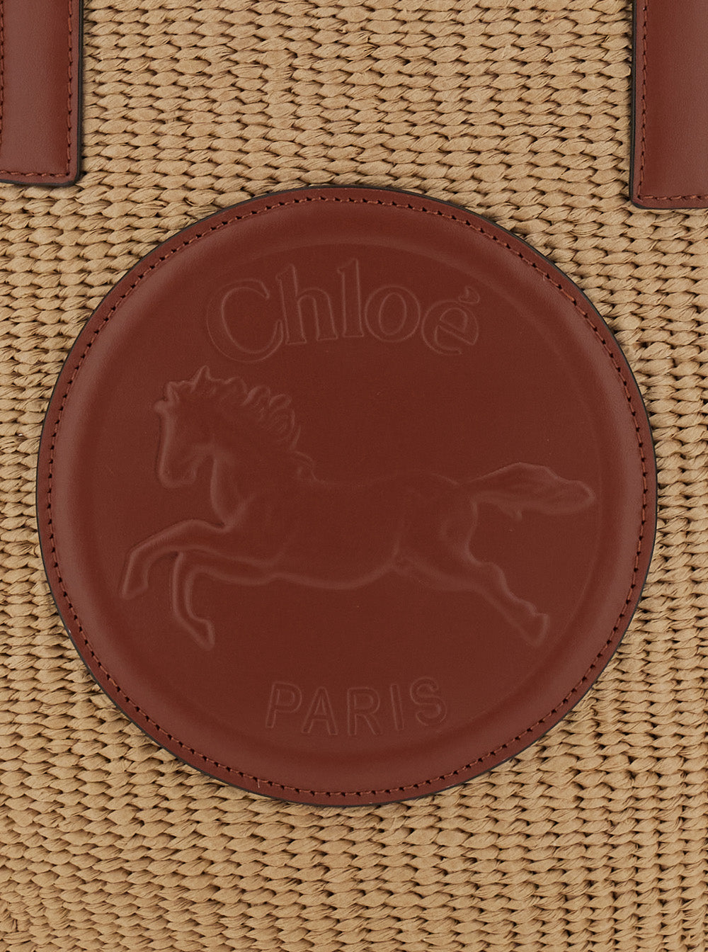 Beige Horse Medal Shopper with Flat Handles and Logo Patch on Front In Straw Fabric Woman Textile Paper Tote Bags