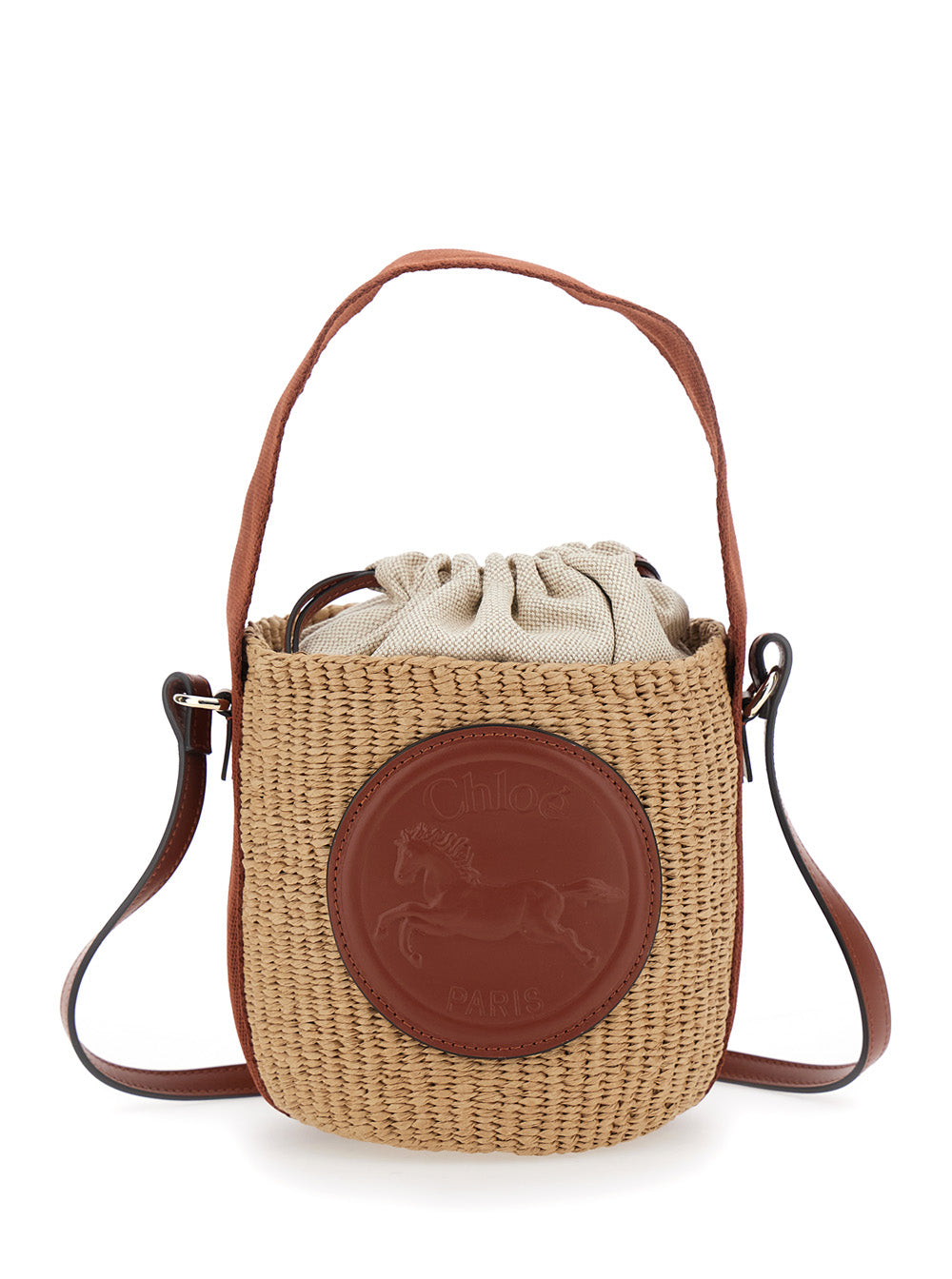 Horse Medal Small Beige Bucket Bag with Shoulder Strap and Logo Patch on Front in Straw woman Textile Paper Hand