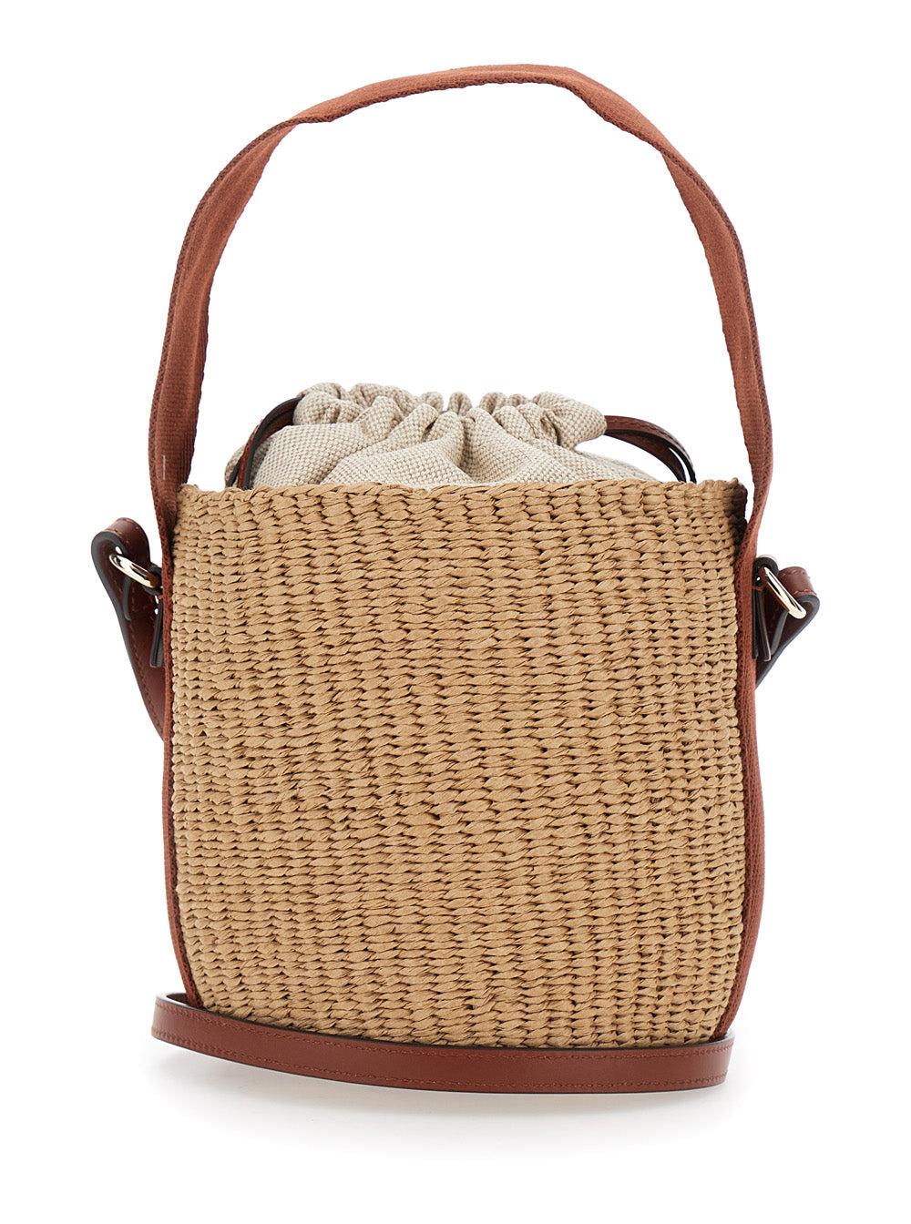 Horse Medal Small Beige Bucket Bag with Shoulder Strap and Logo Patch on Front in Straw woman Textile Paper Hand