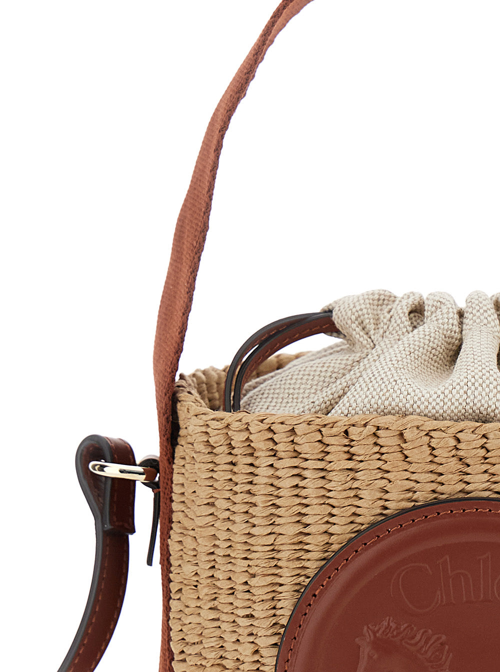 Horse Medal Small Beige Bucket Bag with Shoulder Strap and Logo Patch on Front in Straw woman Textile Paper Hand