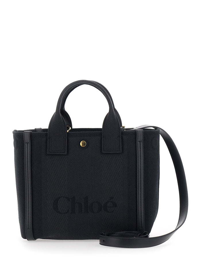 Carry Black Small Handbag with Logo Embossed on the Front in Cotton Canvas for Women Polyester Other Fibres Hand Bags