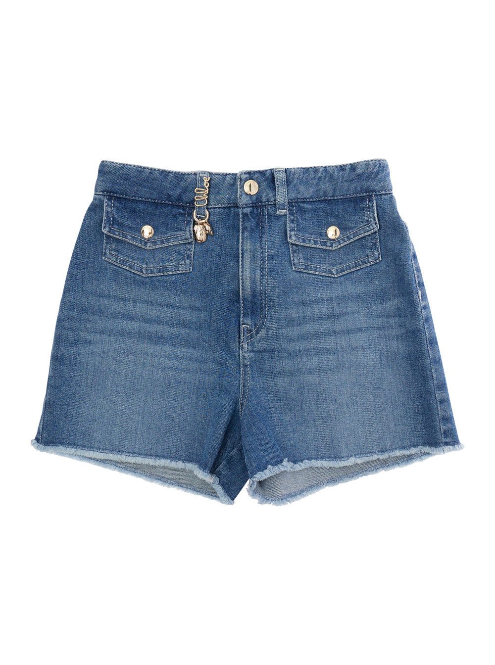 Blue Shorts with Logo Charm on the Front and Denim Belt Loops for Girls Blu Cotton Bermuda