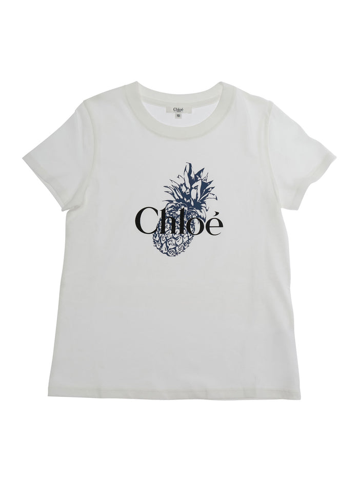 Round Neck T-Shirt with Front Logo in White Cotton for Girls Tshirts And Polo Shirts