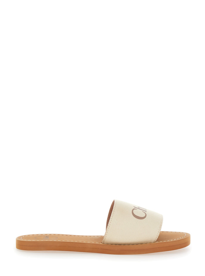 White Sandals with Shaped Straps in Leather for Women Textile Flat Shoes