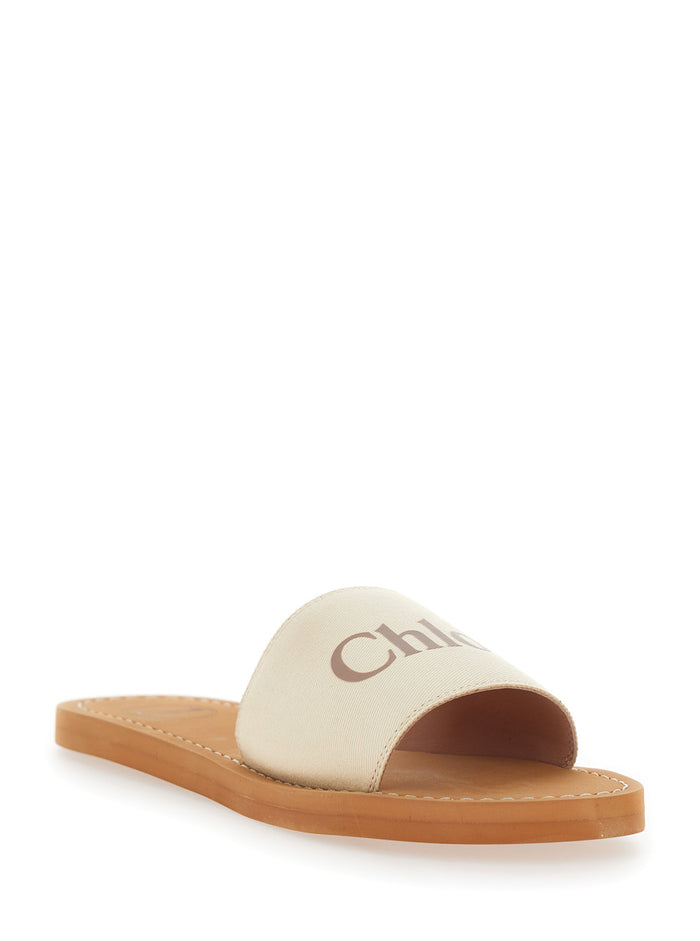 White Sandals with Shaped Straps in Leather for Women Textile Flat Shoes