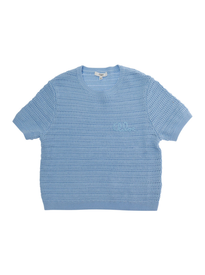 Light Blue T-Shirt with Crochet Design and Lettering Logo on the Front in Cotton Blend for Girls Tshirts Polo Shirts