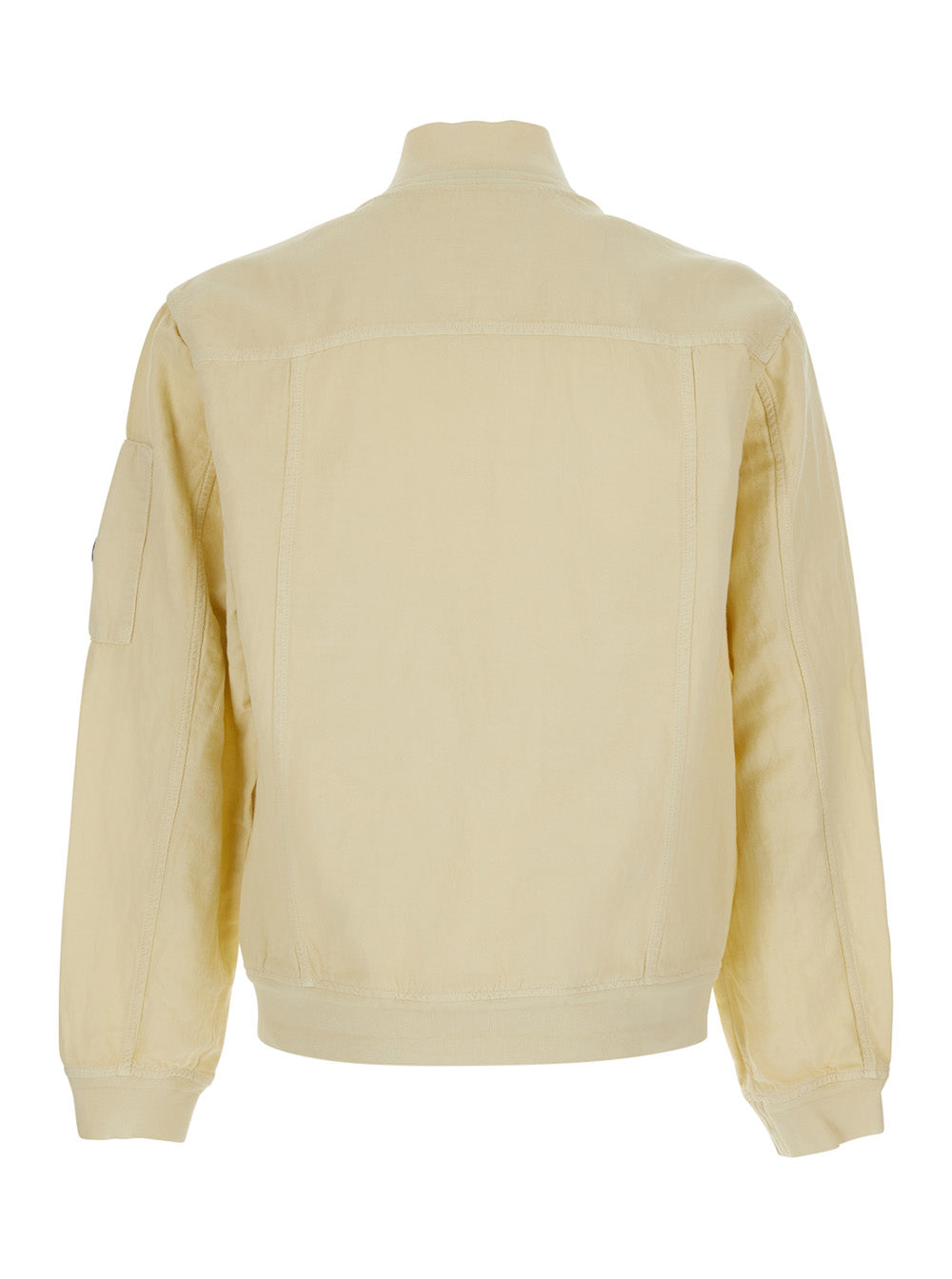 Beige Jacket With High Collar And Logo Plate On The Sleeve In Cotton Linen Men Outerwear