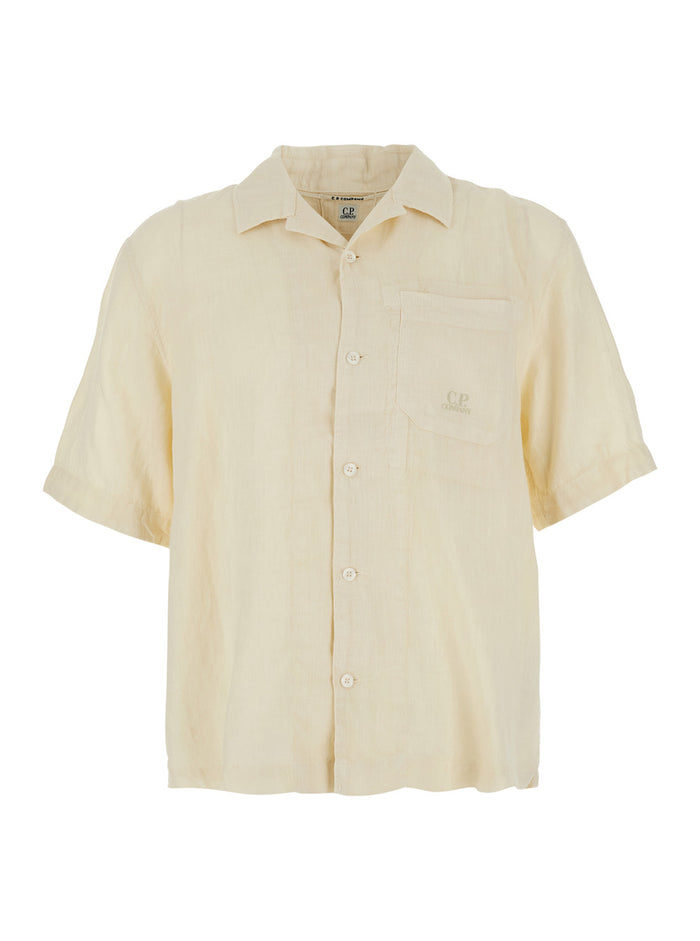 Beige Shirt With Logo Print On The Front In Linen Man And Blouses