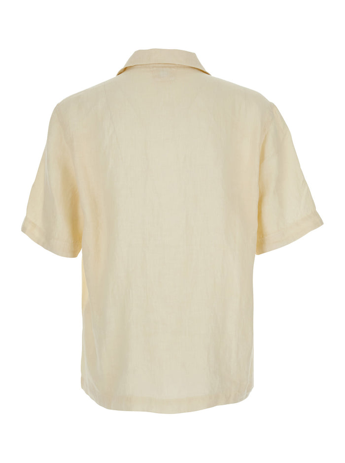 Beige Shirt With Logo Print On The Front In Linen Man And Blouses