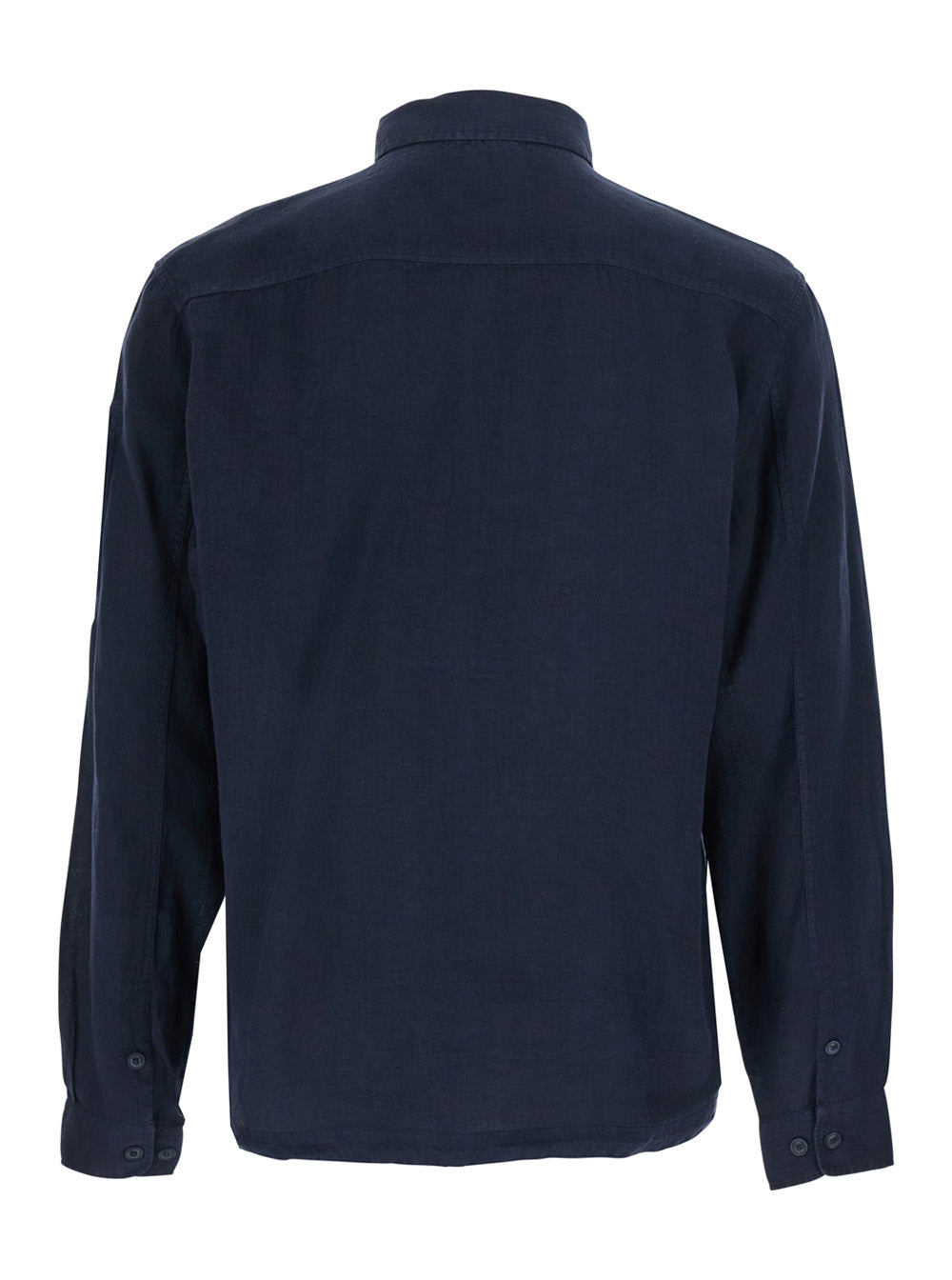 Blue Shirt With Classic Collar And Logo Plate On The Sleeve In Linen Man Blu Blouses