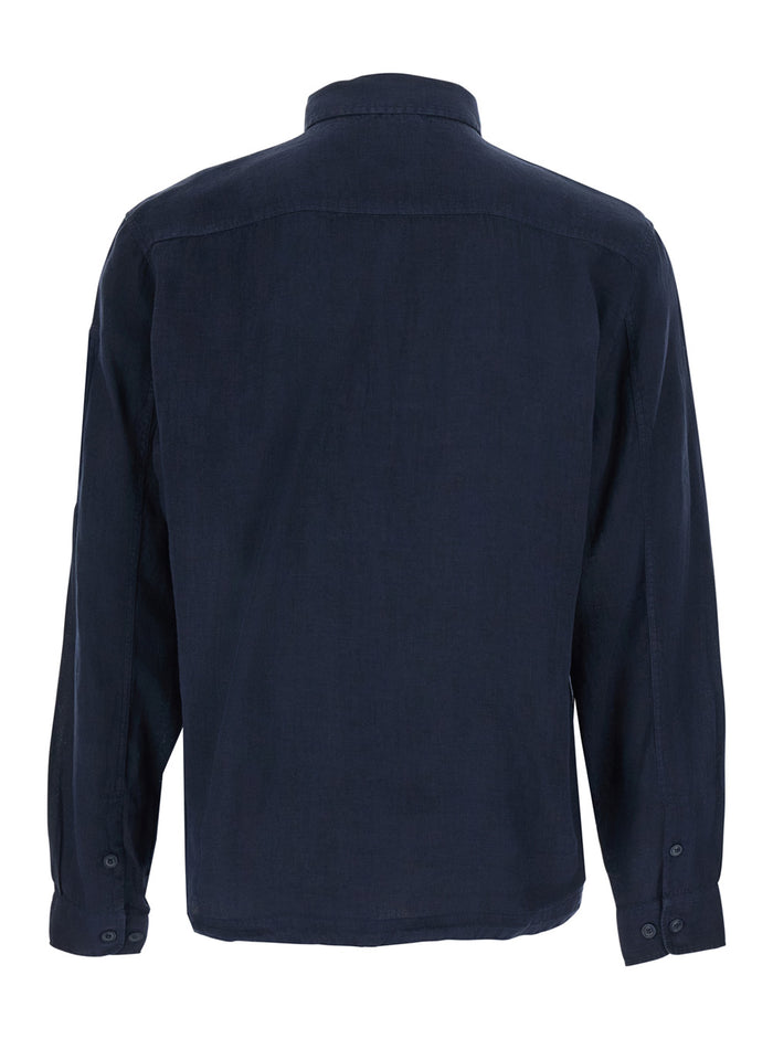 Blue Shirt With Classic Collar And Logo Plate On The Sleeve In Linen Man Blu Blouses
