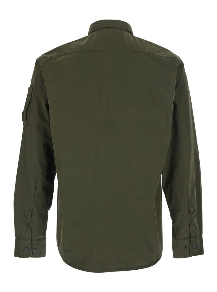 Green Jacket With Classic Collar And Logo Plate On Sleeve In Cotton Man Outerwear
