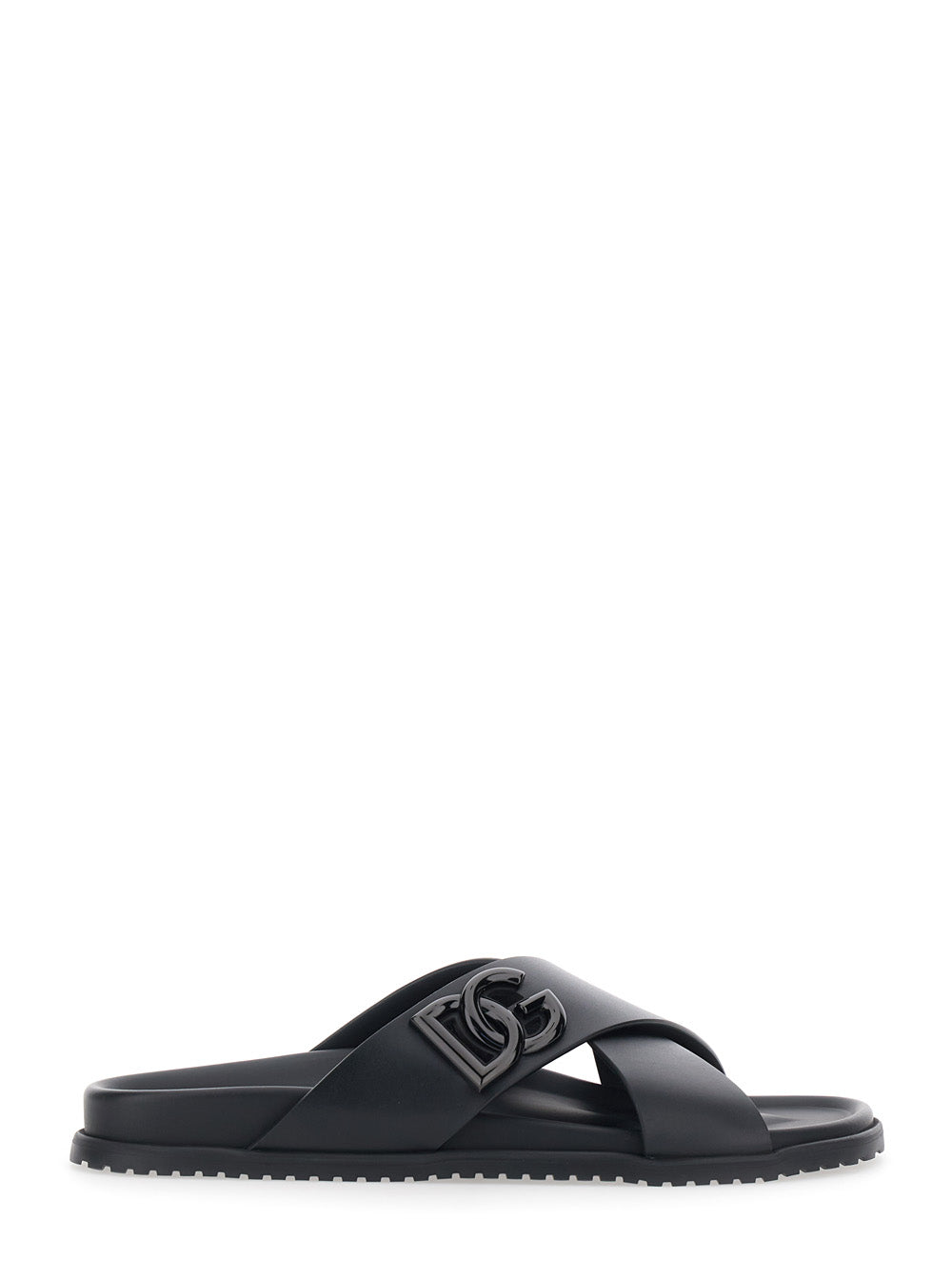 Black Sandals with DG Logo Detail and Incricio on the Front in Leather for Men Lamb Flat Shoes