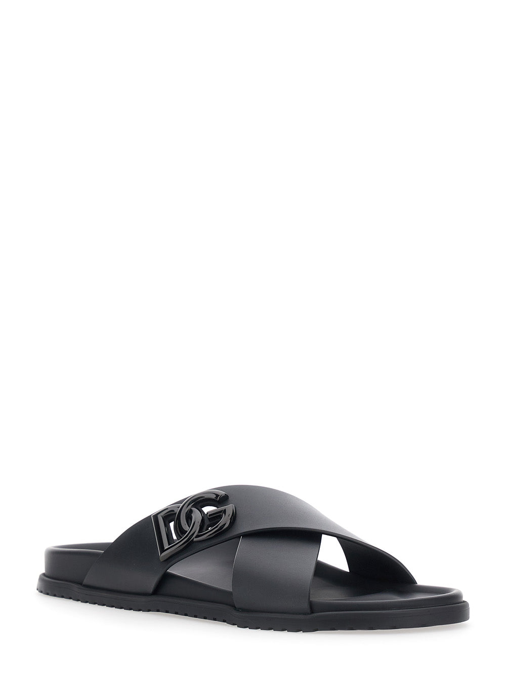 Black Sandals with DG Logo Detail and Incricio on the Front in Leather for Men Lamb Flat Shoes