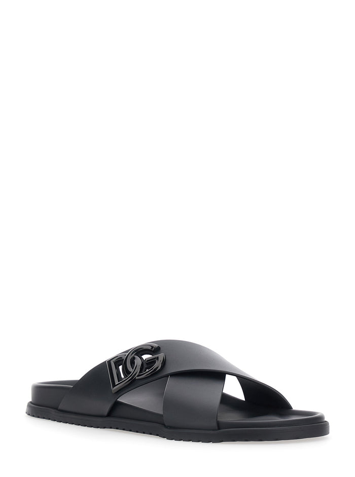 Black Sandals with DG Logo Detail and Incricio on the Front in Leather for Men Lamb Flat Shoes