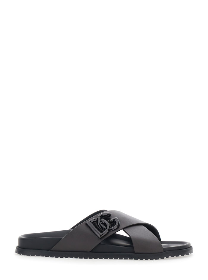 Brown Leather Sandals with DG Logo Detail on the Front for Men Calf Flat Shoes
