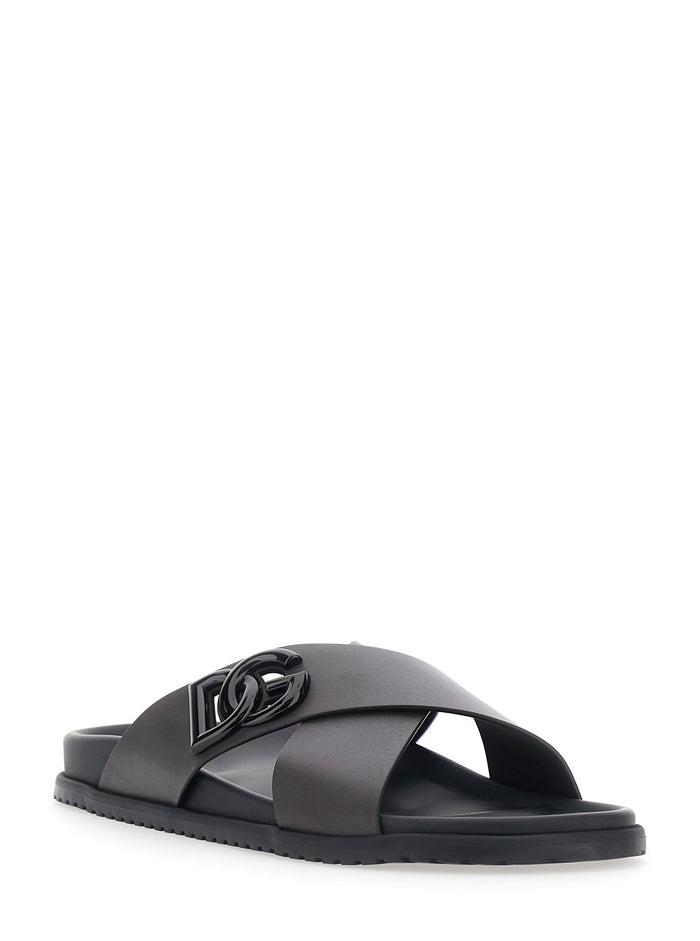 Brown Leather Sandals with DG Logo Detail on the Front for Men Calf Flat Shoes