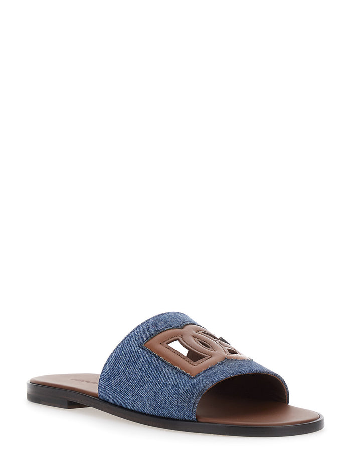 Brown Sandals with Cut-Out Logo and Denim Strap in Leather for Men Lamb Flat Shoes