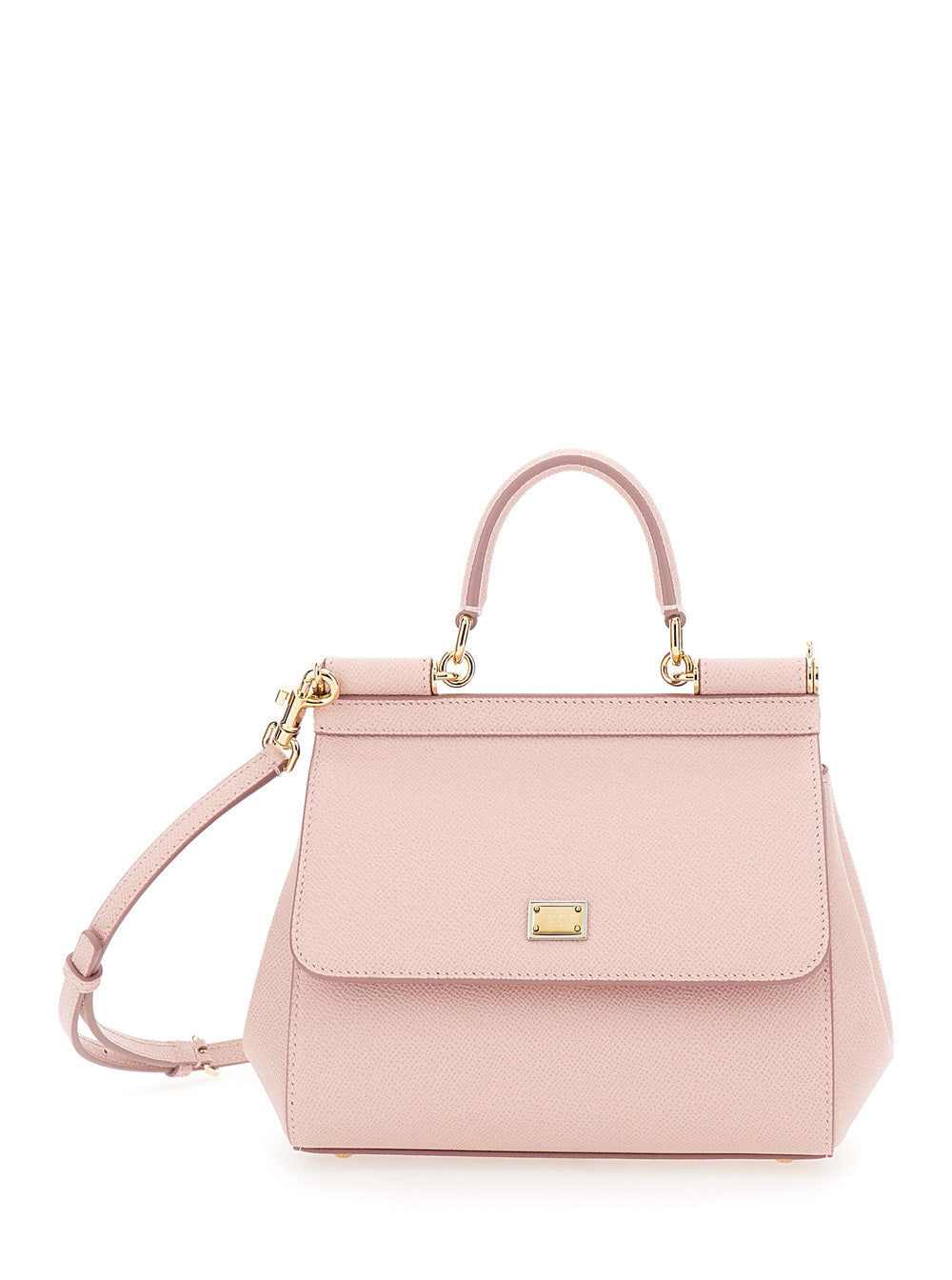 Sicily Pink Small Handbag with Adjustable and Removable Shoulder Strap Logo Plate on the Front in Granied Leather for Women Calf Hand Bags