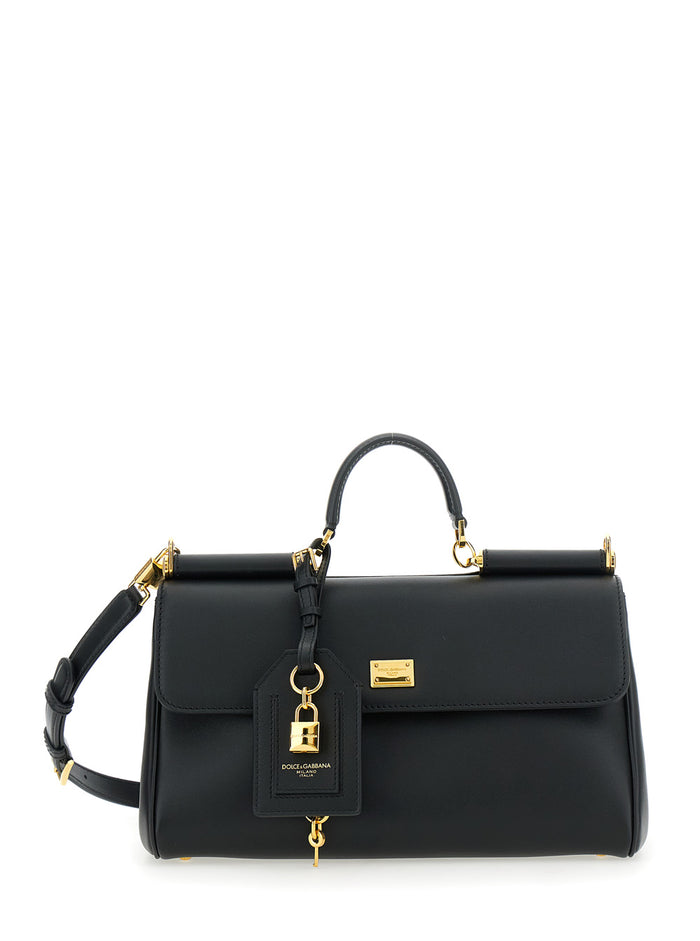 My Sicily Black Medium Handbag with Lock Detail and Adjustable Removable Leather Shoulder Strap for Women Calf Pvc Hand Bags