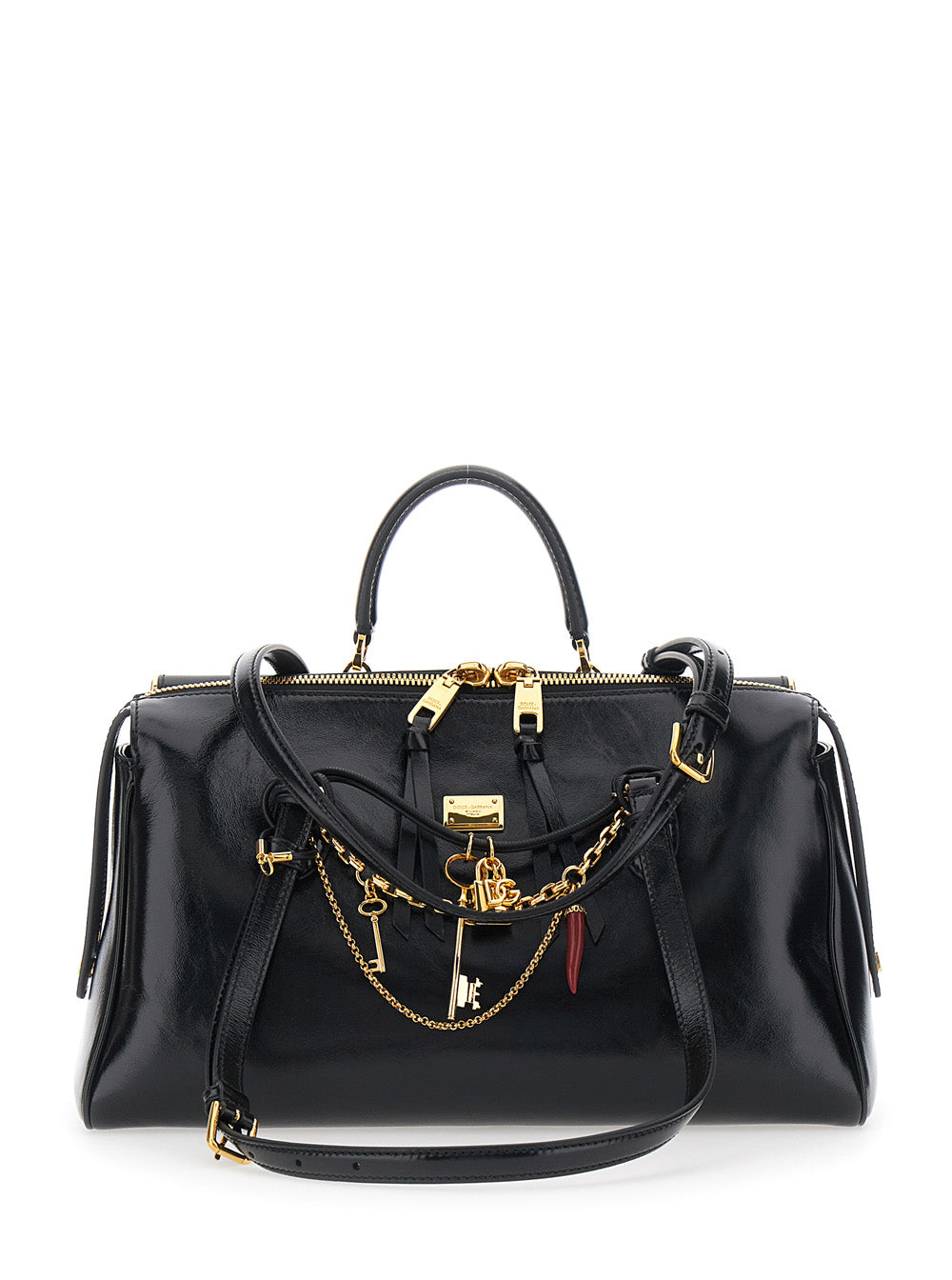 Black Shoulder Bag Vittoria with Chain Detail and Charm on Front in Leather for Women Cotton Calf