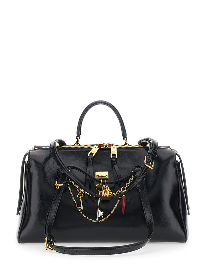 Black Shoulder Bag Vittoria with Chain Detail and Charm on Front in Leather for Women Cotton Calf