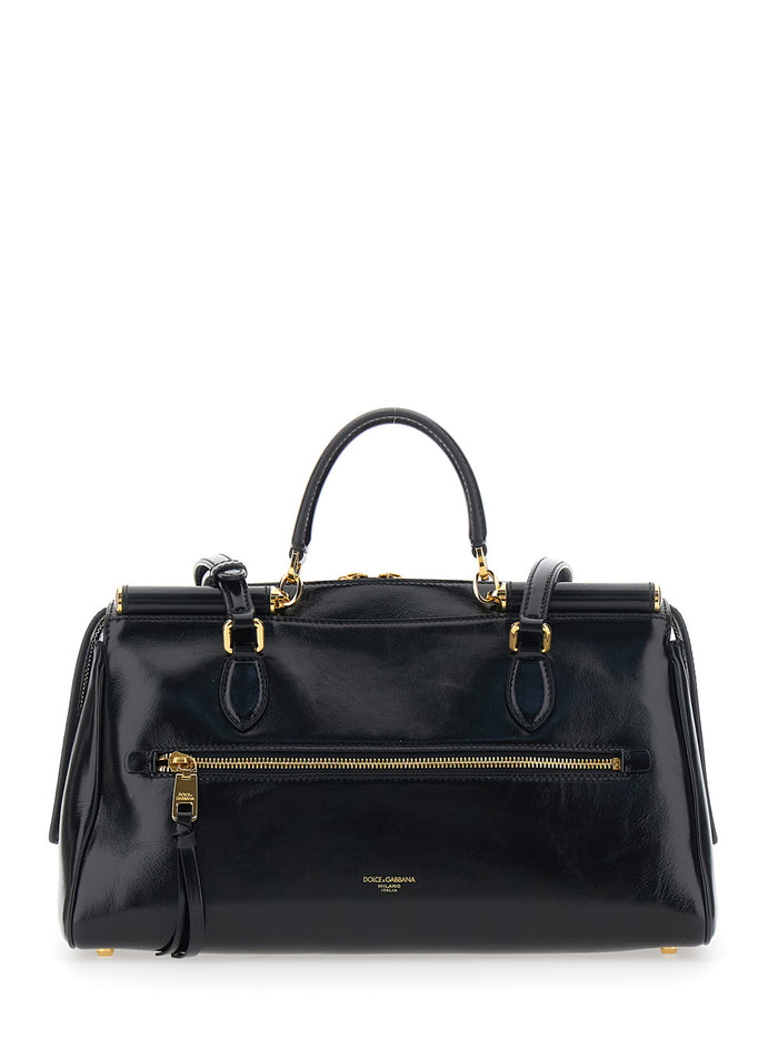 Black Shoulder Bag Vittoria with Chain Detail and Charm on Front in Leather for Women Cotton Calf