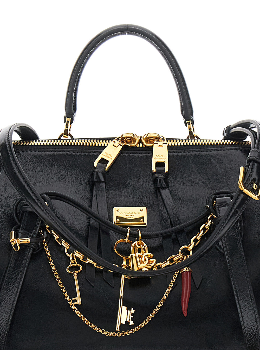 Black Shoulder Bag Vittoria with Chain Detail and Charm on Front in Leather for Women Cotton Calf