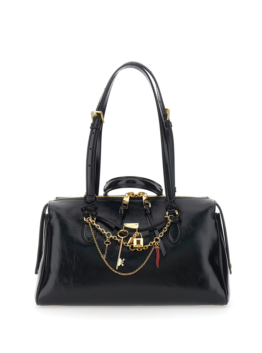 Black Shoulder Bag Vittoria with Chain Detail and Charm on Front in Leather for Women Cotton Calf