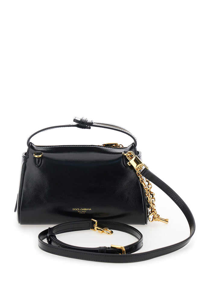 Vittoria Black Mini Handbag with Pendant Detail on the Front and Adjustable Removable Leather Shoulder Strap for Women Cotton Calf Hand Bags
