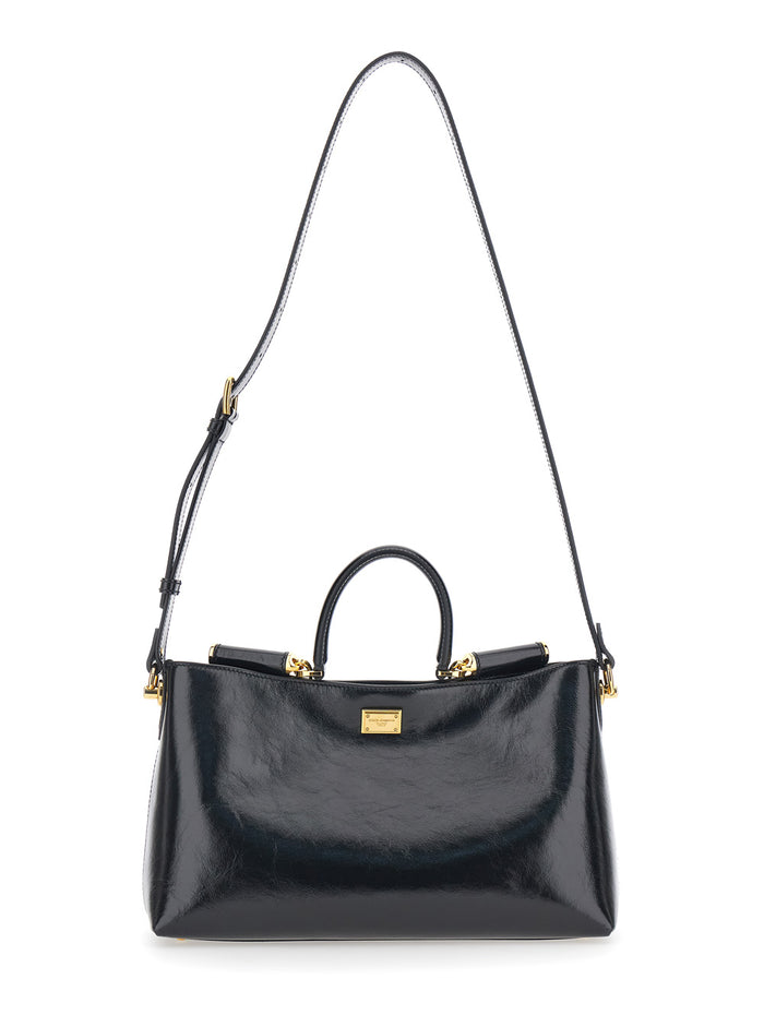 Handbag Vittoria with Adjustable Shoulder Strap and Logo Plate in Black Leather for Women Calf Hand Bags