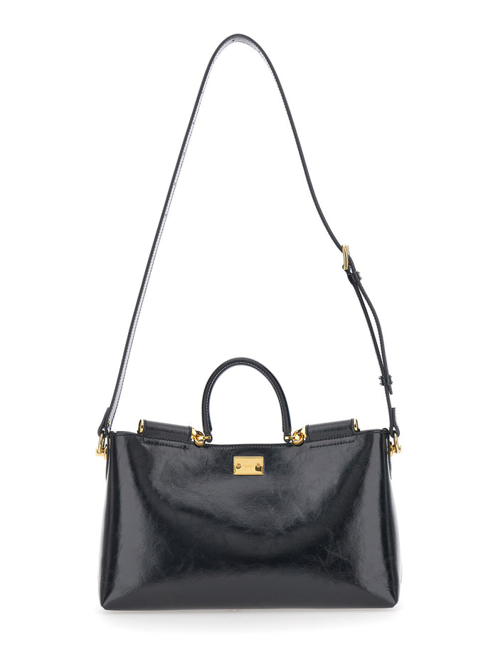 Handbag Vittoria with Adjustable Shoulder Strap and Logo Plate in Black Leather for Women Calf Hand Bags