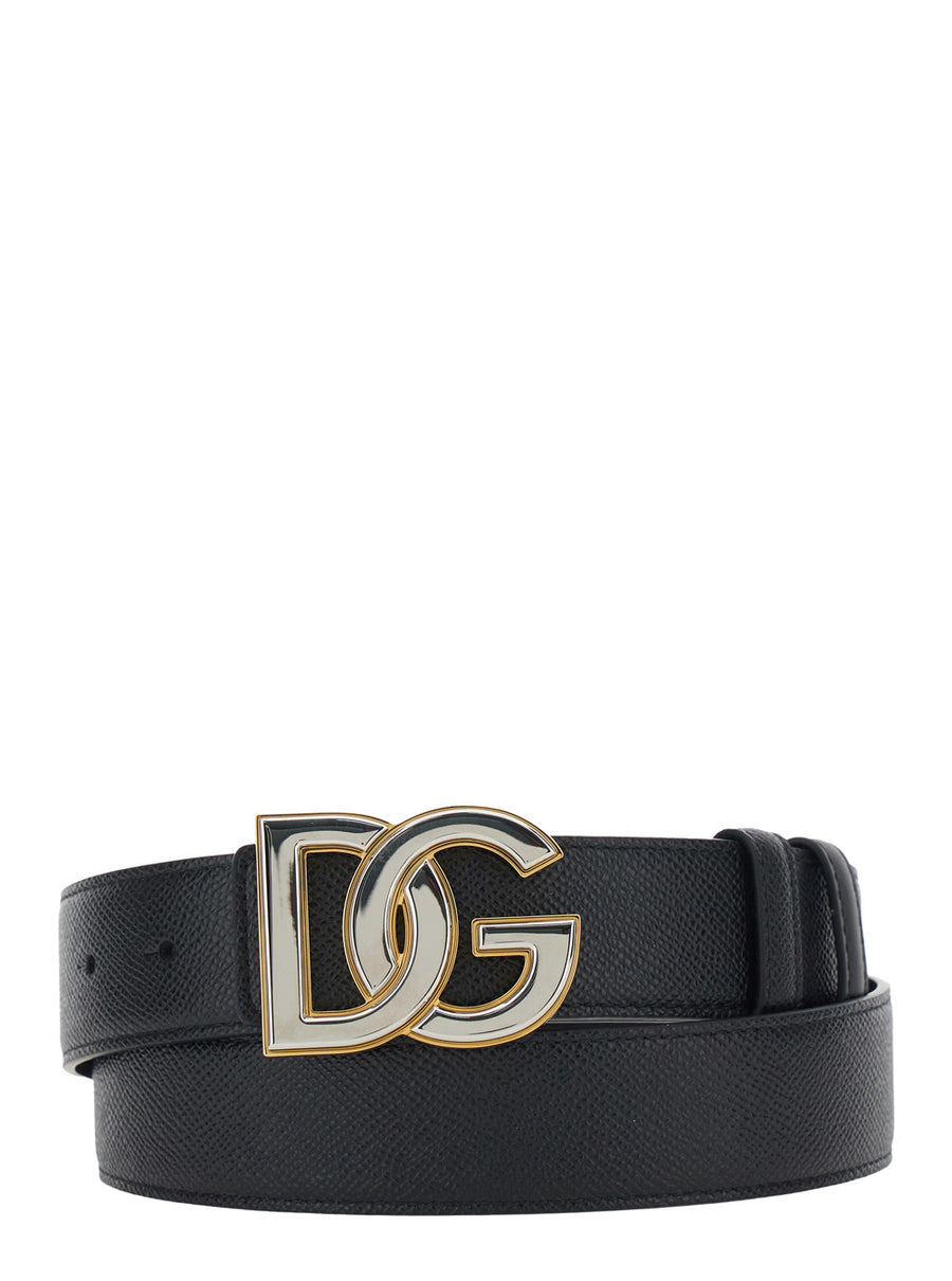 Belt With Logo Buckle, Leather - Black Calf