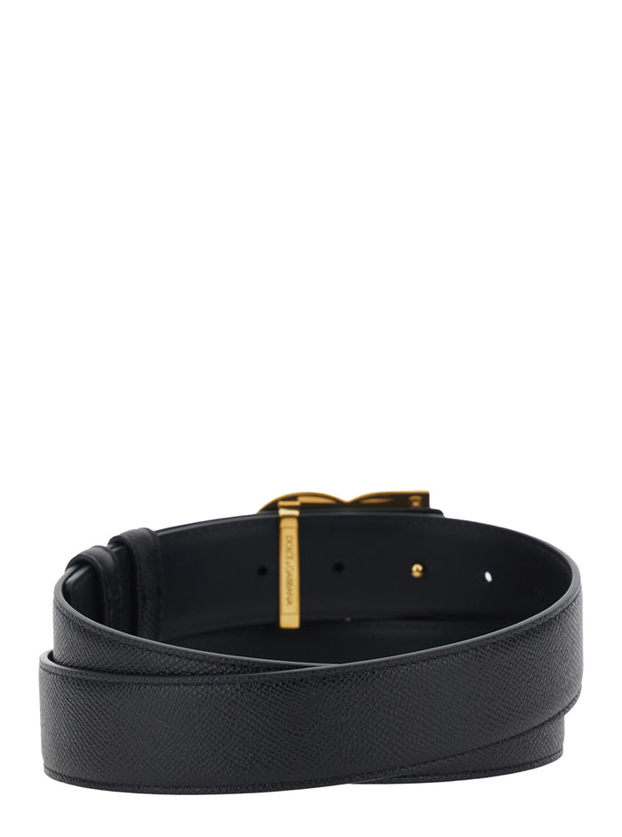 Black Belt with Logo Buckle in Leather for Men Calf