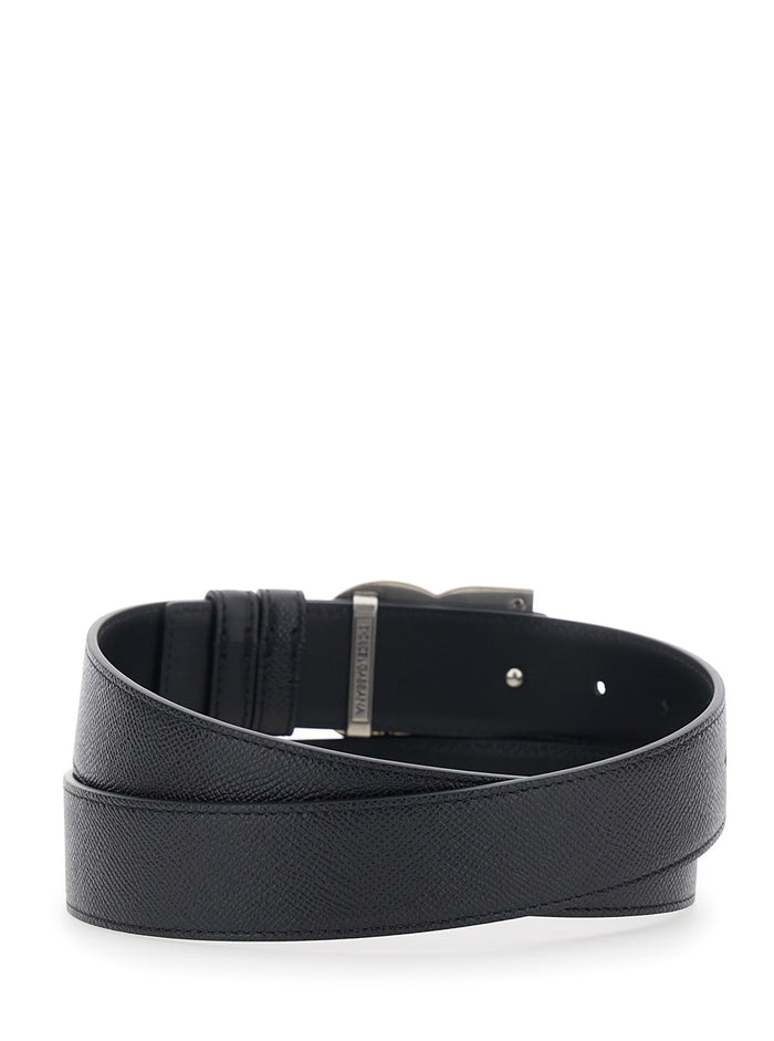 Black Belt with Logo Plate on the Front in Leather for Men Calf