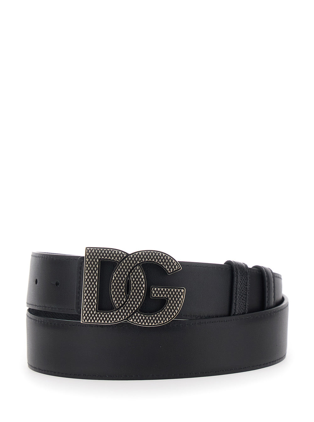 Black Leather Belt with Logo Buckle for Men Calf