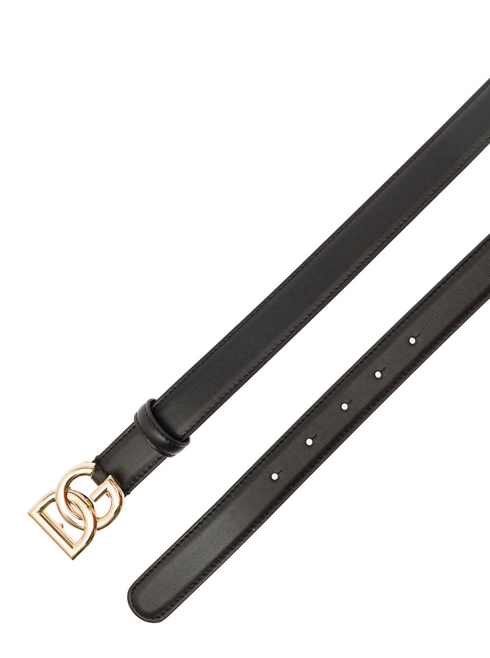 Black Thin Belt with DG Buckle in Gold Metal Leather for Women Calf
