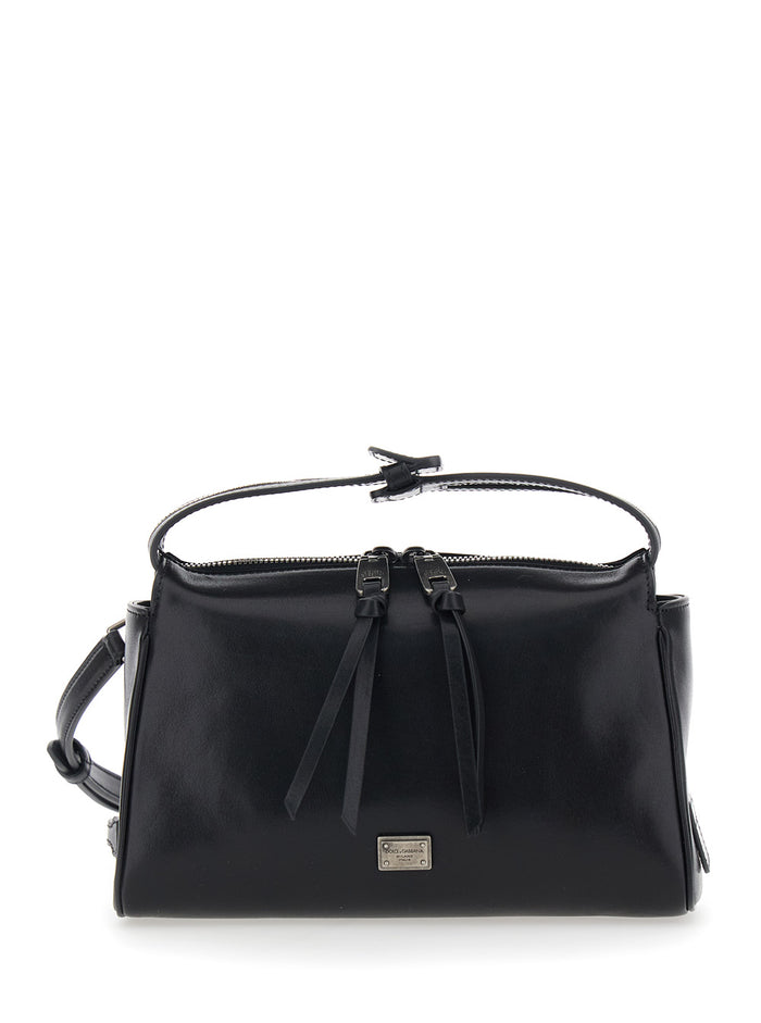 Shoulder Bag Vittoria Mini with Logo Plate on Front in Black Leather for Men Cotton Calf