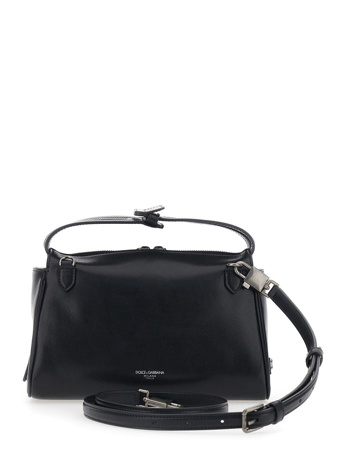Shoulder Bag Vittoria Mini with Logo Plate on Front in Black Leather for Men Cotton Calf