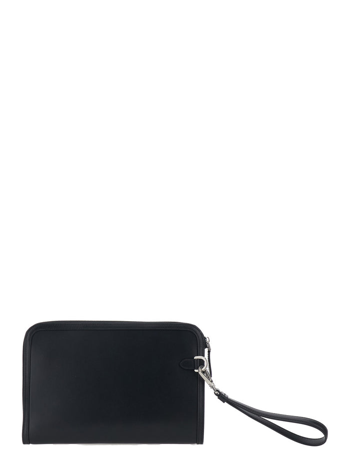 Black Clutch with Removable Wrist Strap and Intreccio on the Front In Leather for Men Calf Clutches Pochettes