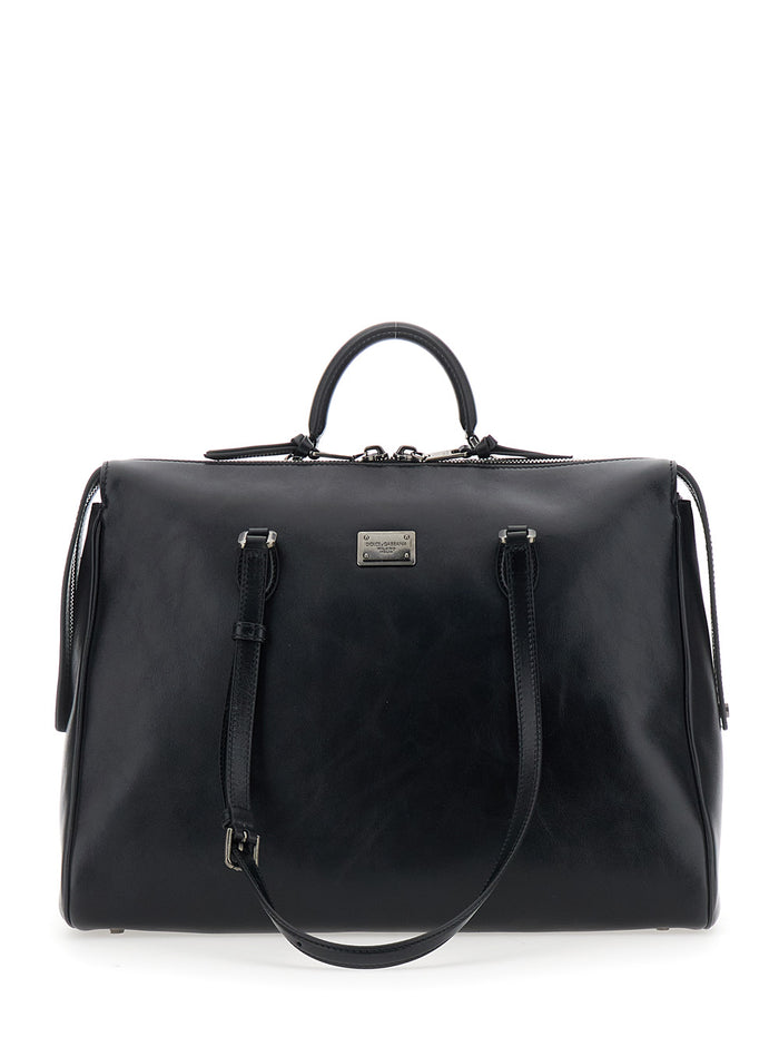 Black Shoulder Bag Vittoria with Logo Plate on the Front and Two Leather Straps for Men Calf Pvc
